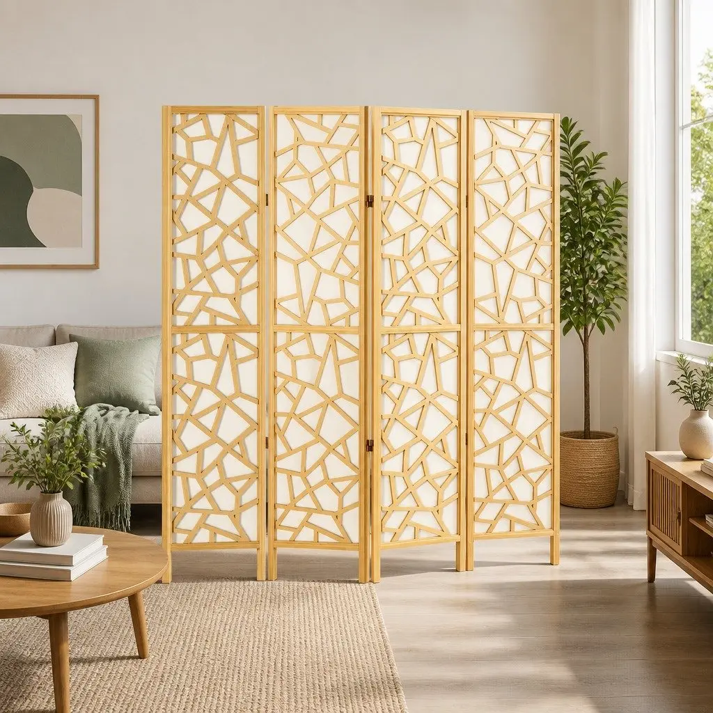 4 Panel Room Divider Screen for Bedroom 162x170cm Pine Wood Foldable Partition Privacy