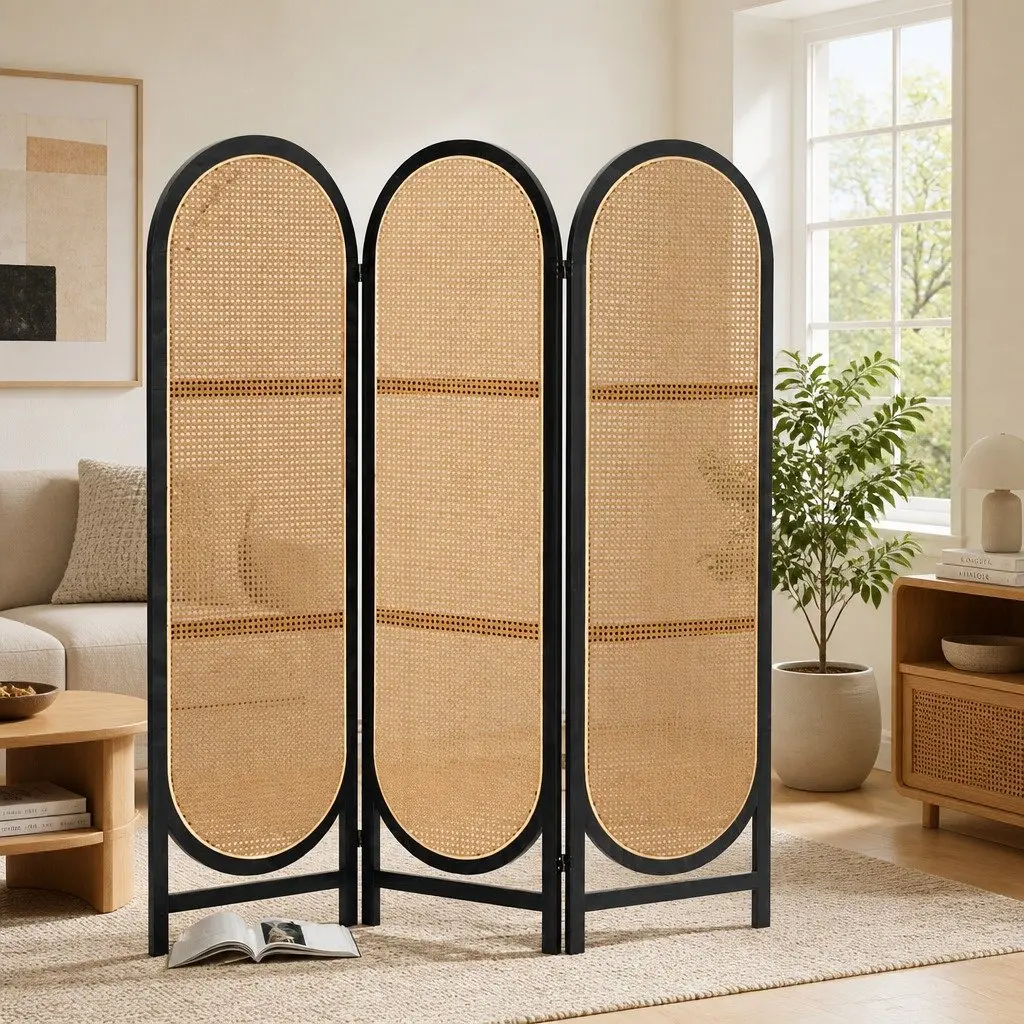 Room Divider Screen for Bedroom 3 Panel Brown Rattan Foldable Partition Privacy Separator