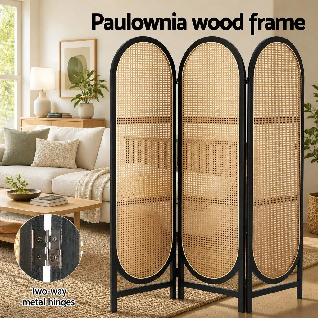 Room Divider Screen for Bedroom 3 Panel Brown Rattan Foldable Partition Privacy Separator