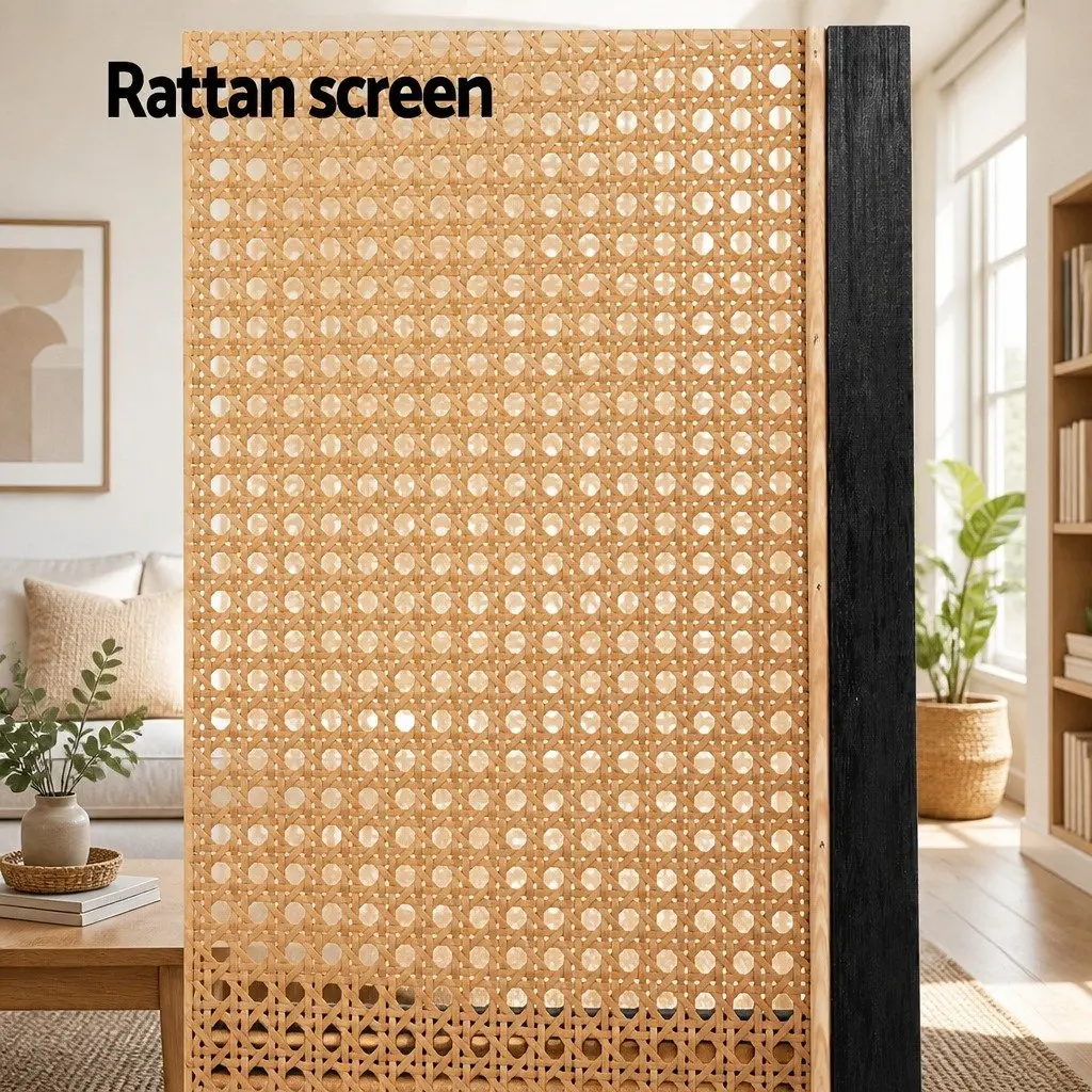 Room Divider Screen for Bedroom 3 Panel Brown Rattan Foldable Partition Privacy Separator