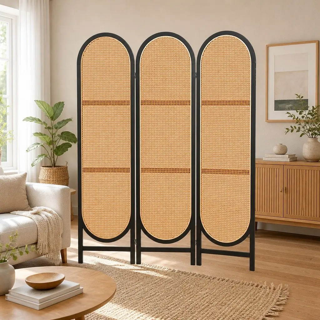 Room Divider Screen for Bedroom 3 Panel Brown Rattan Foldable Partition Privacy Separator