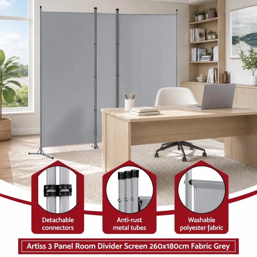 3 Panel Room Divider Screen for Home 260x180cm Folding Partition Privacy Fabric Grey
