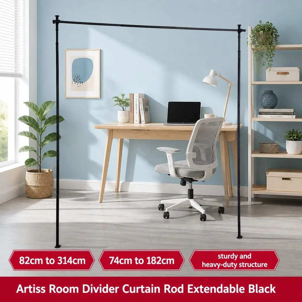 Room Divider Curtain Rod Adjustable Black Extendable for Bedroom 74 to 182cm Width 82 to 314cm Height