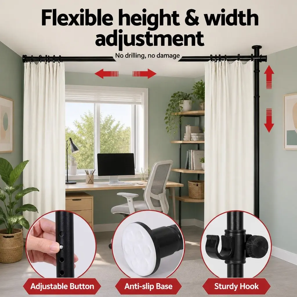 Room Divider Curtain Rod Adjustable Black Extendable for Bedroom 74 to 182cm Width 82 to 314cm Height