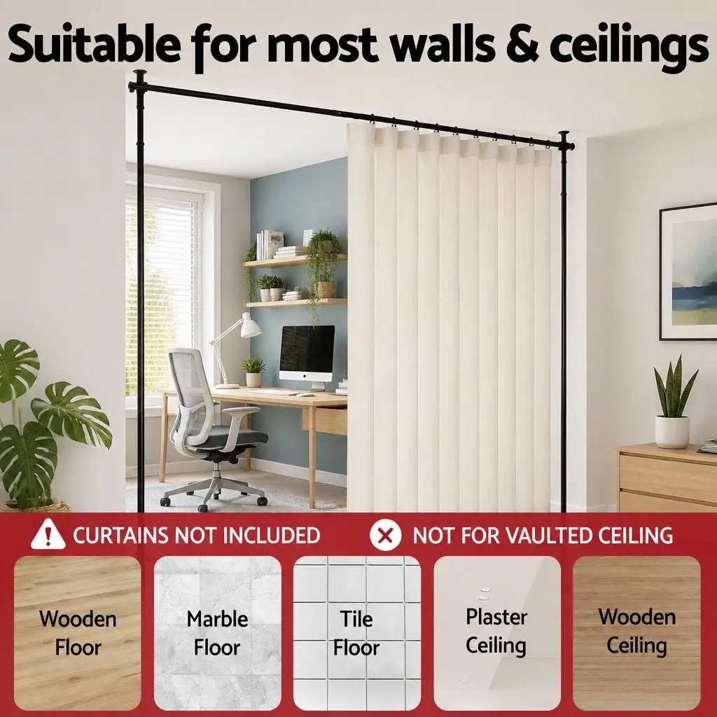 Room Divider Curtain Rod Adjustable Black Extendable for Bedroom 74 to 182cm Width 82 to 314cm Height