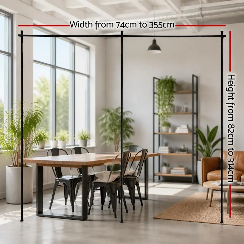 Room Divider Curtain Rod Adjustable Black Privacy Screen 74 to 355cm Width 82 to 314cm Height