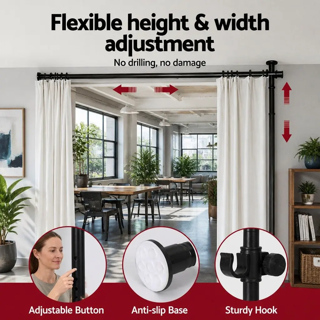 Room Divider Curtain Rod Adjustable Black Privacy Screen 74 to 355cm Width 82 to 314cm Height