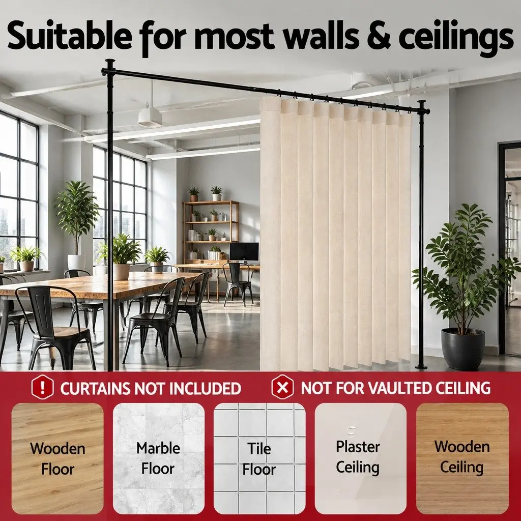 Room Divider Curtain Rod Adjustable Black Privacy Screen 74 to 355cm Width 82 to 314cm Height