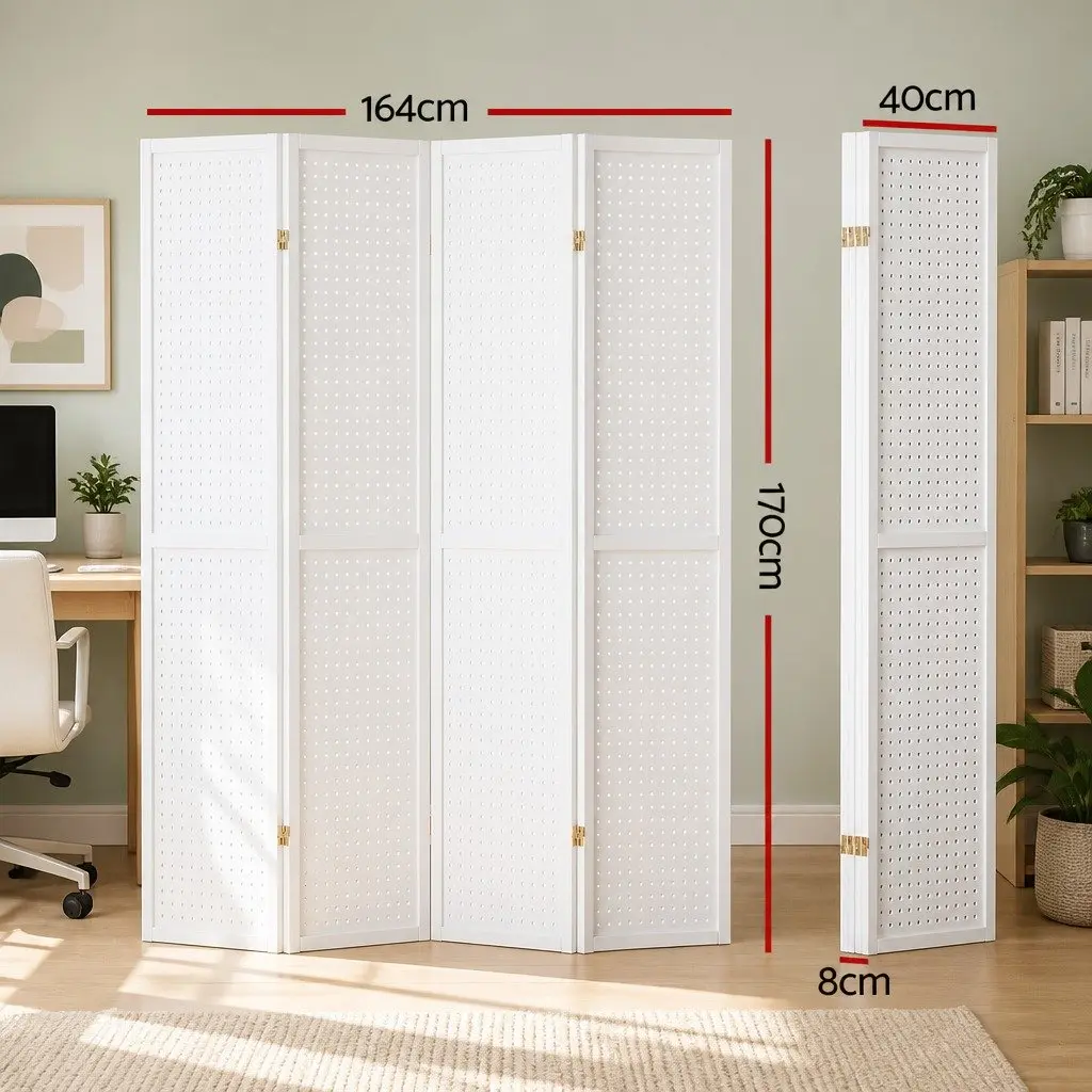4 Panel Room Divider Screen for Bedroom 164x170cm White Folding Privacy Partition