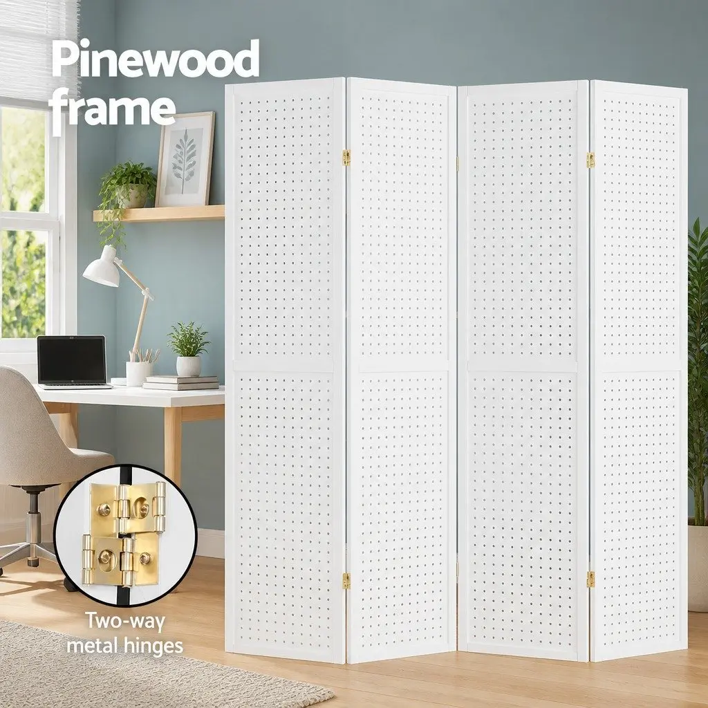 4 Panel Room Divider Screen for Bedroom 164x170cm White Folding Privacy Partition