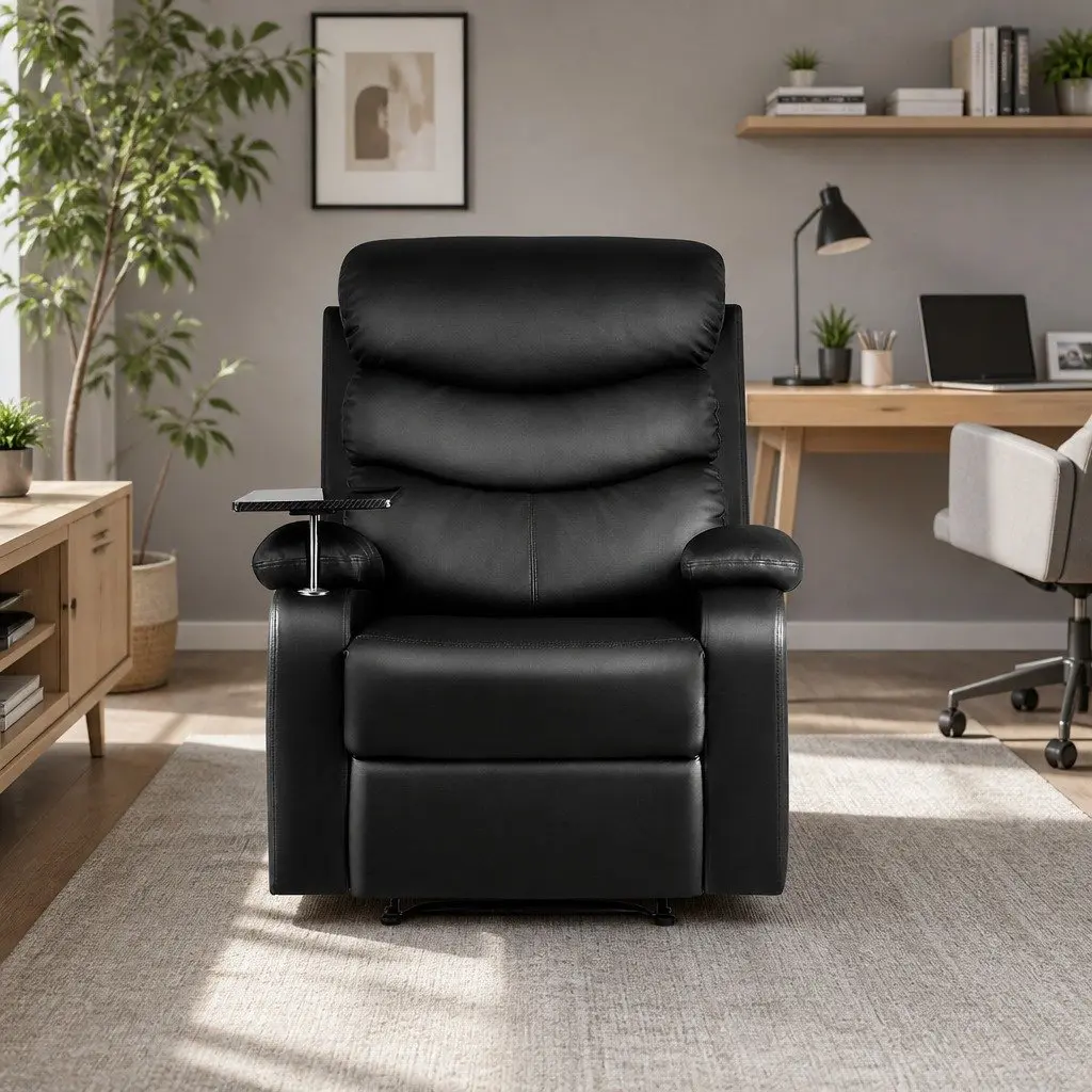 Recliner Chair for Living Room Black Leather Swivel with Tray Table and Footrest