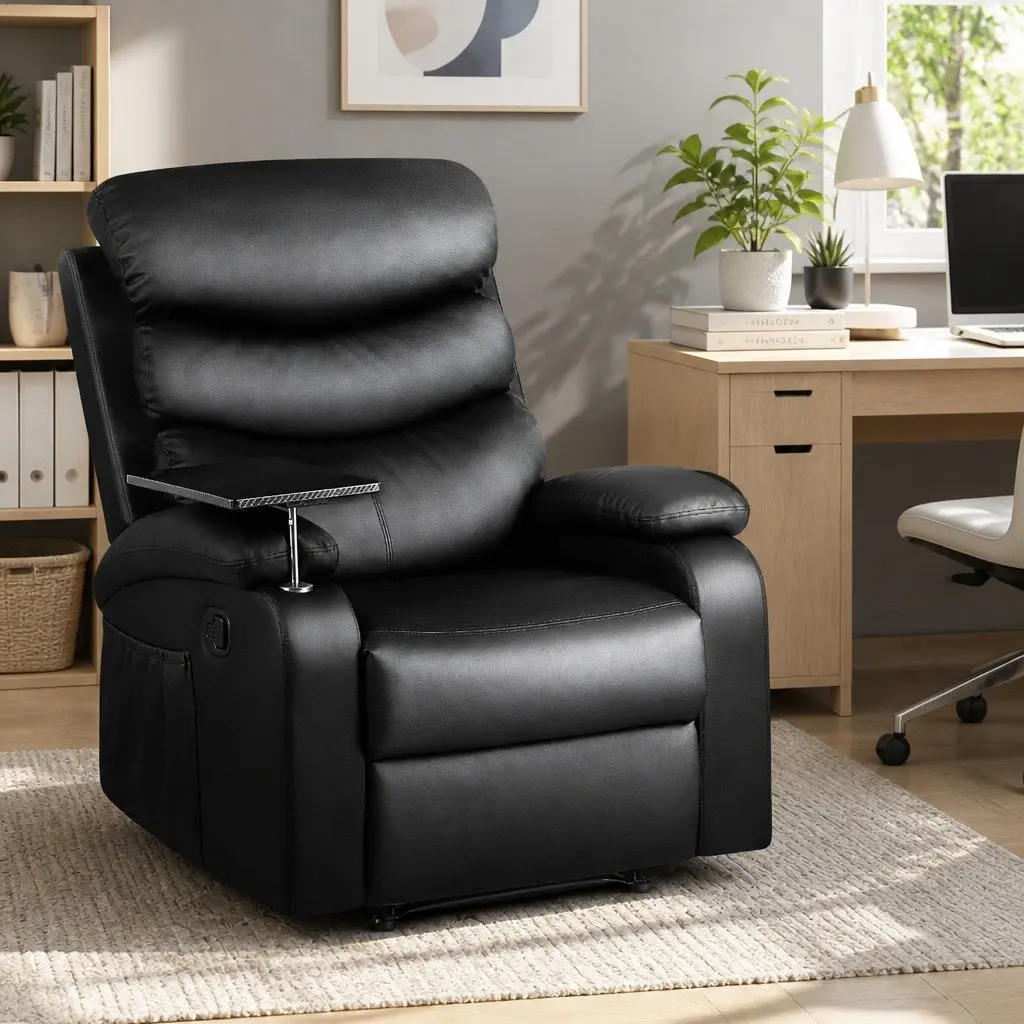 Recliner Chair for Living Room Black Leather Swivel with Tray Table and Footrest