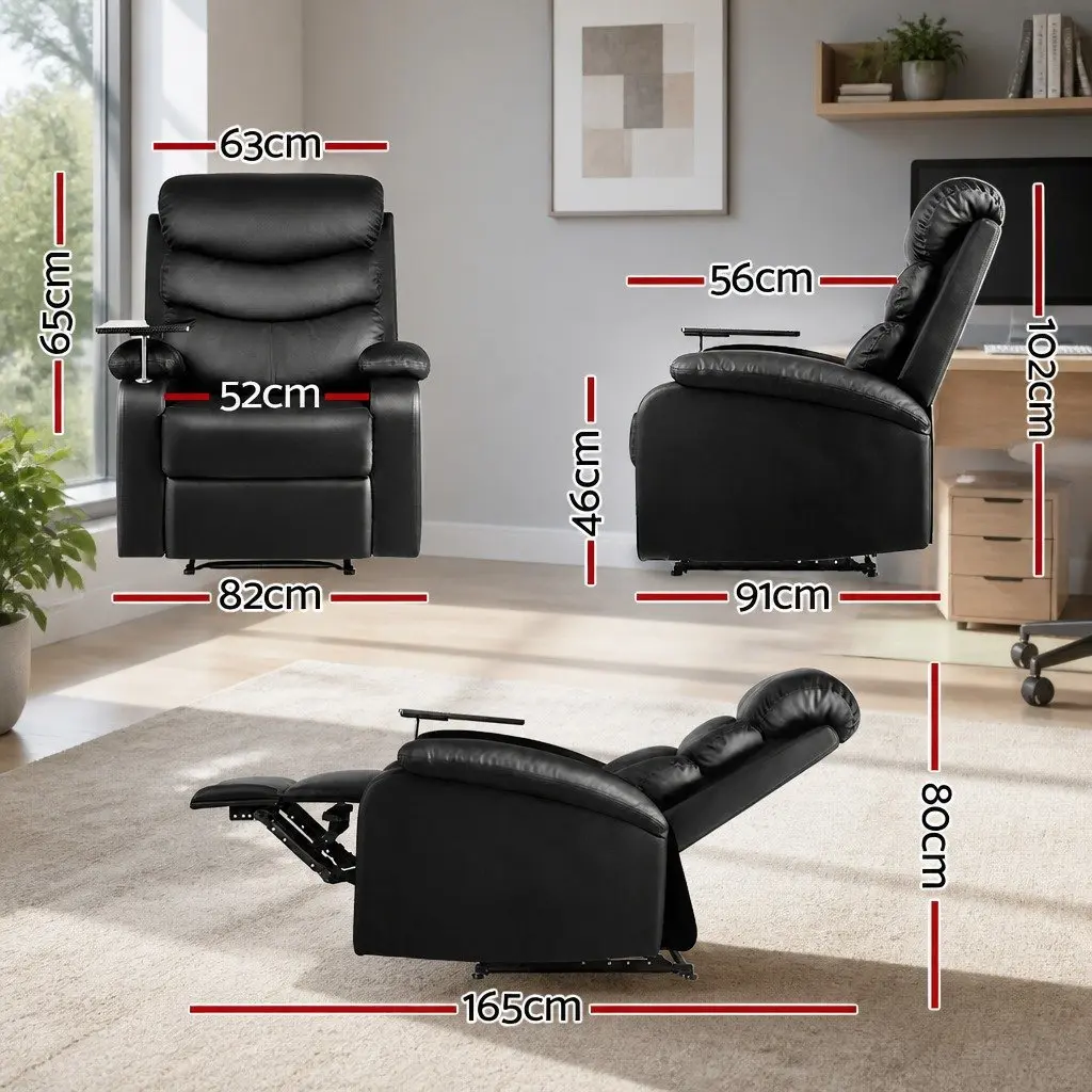 Recliner Chair for Living Room Black Leather Swivel with Tray Table and Footrest
