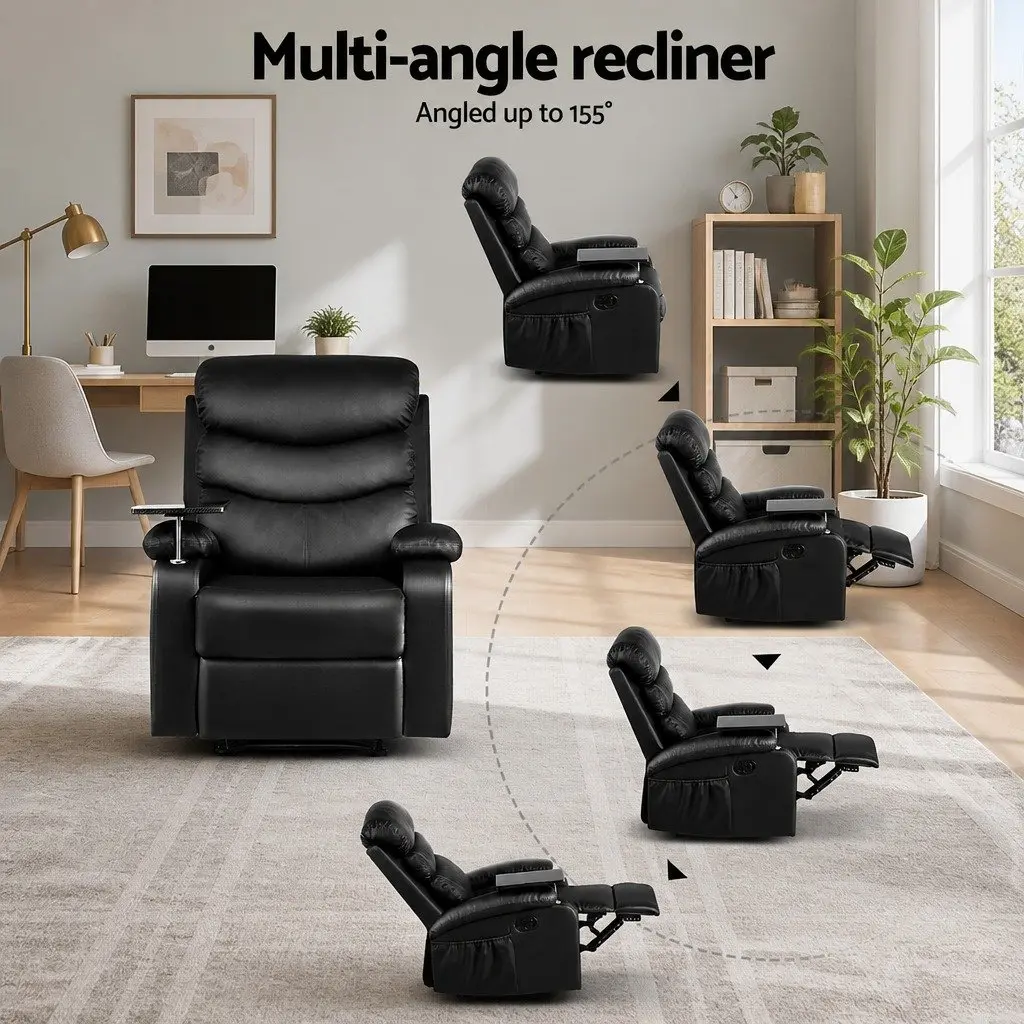 Recliner Chair for Living Room Black Leather Swivel with Tray Table and Footrest