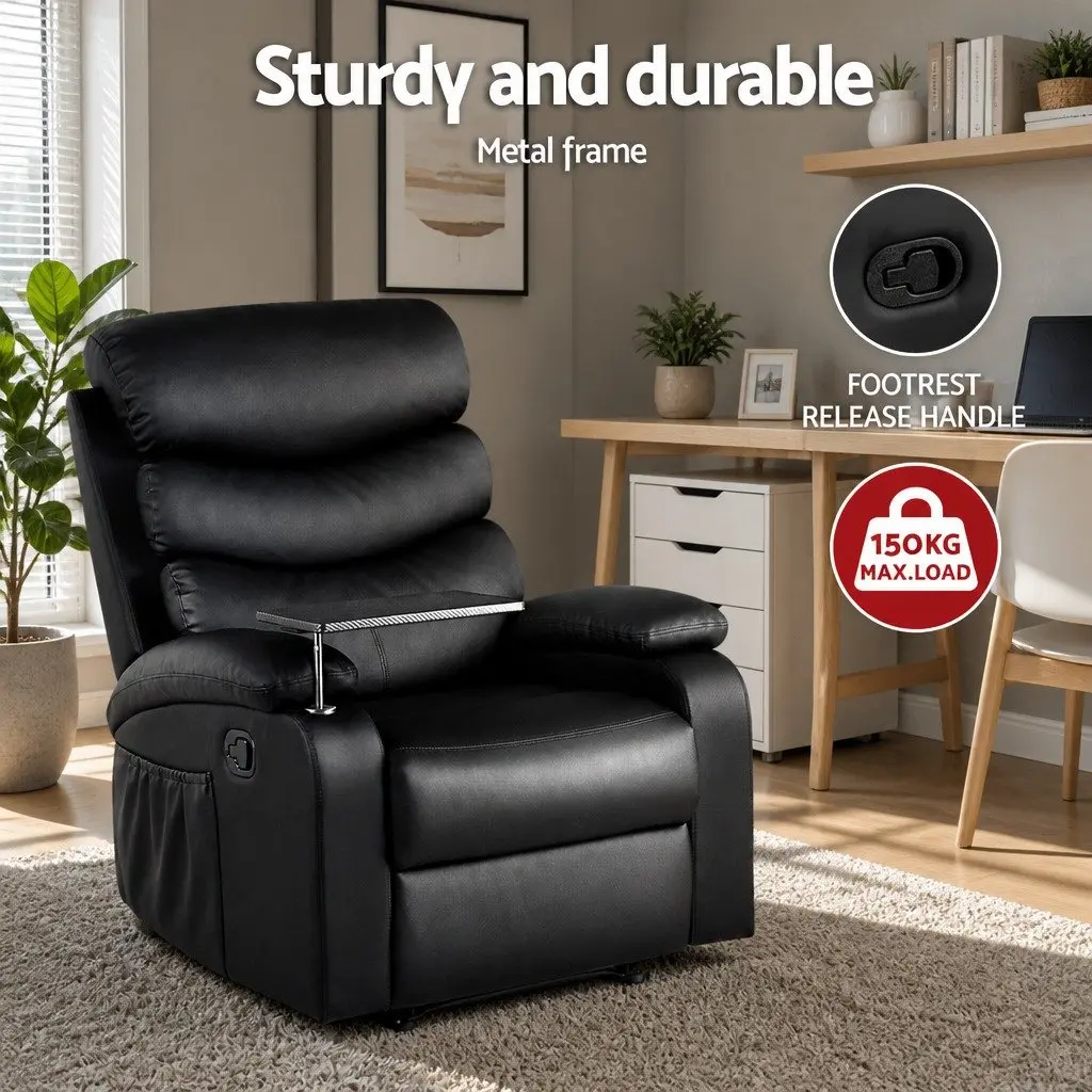Recliner Chair for Living Room Black Leather Swivel with Tray Table and Footrest