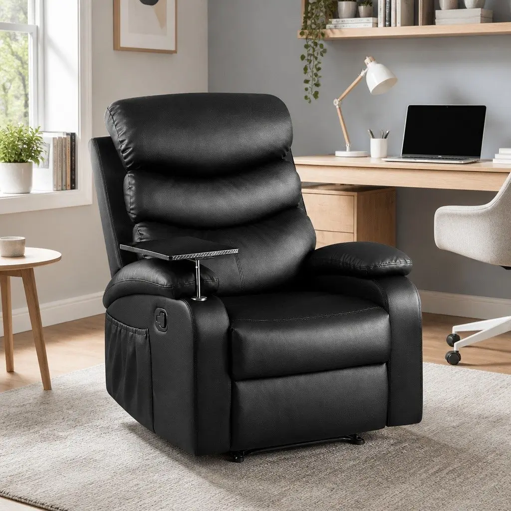 Recliner Chair for Living Room Black Leather Swivel with Tray Table and Footrest