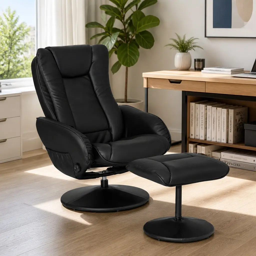 Recliner Chair Ottoman Heated Massage 5-Point Black Armchair Manual Recline