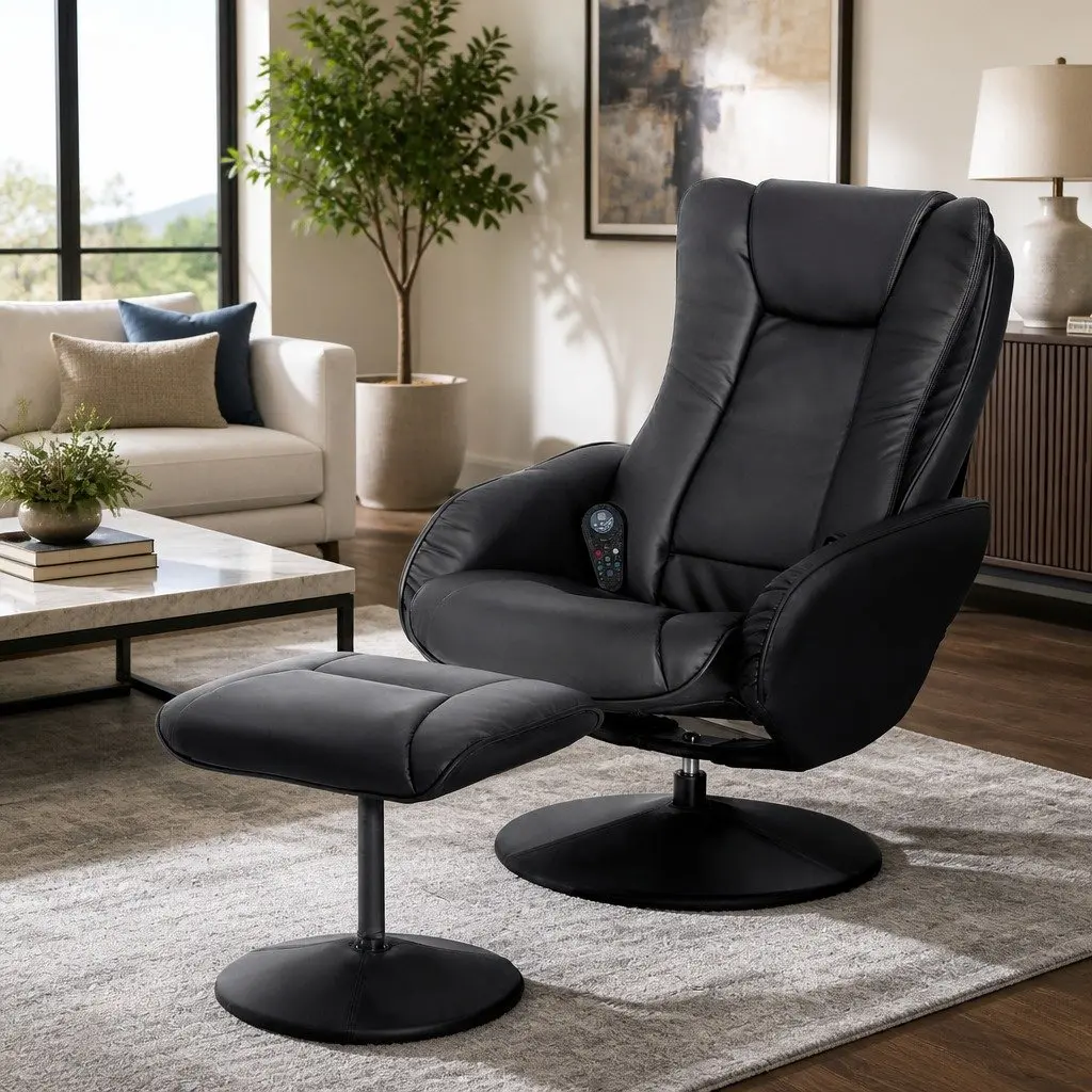 Recliner Chair Ottoman Heated Massage Black Manual Recline Footrest Lounge Seat