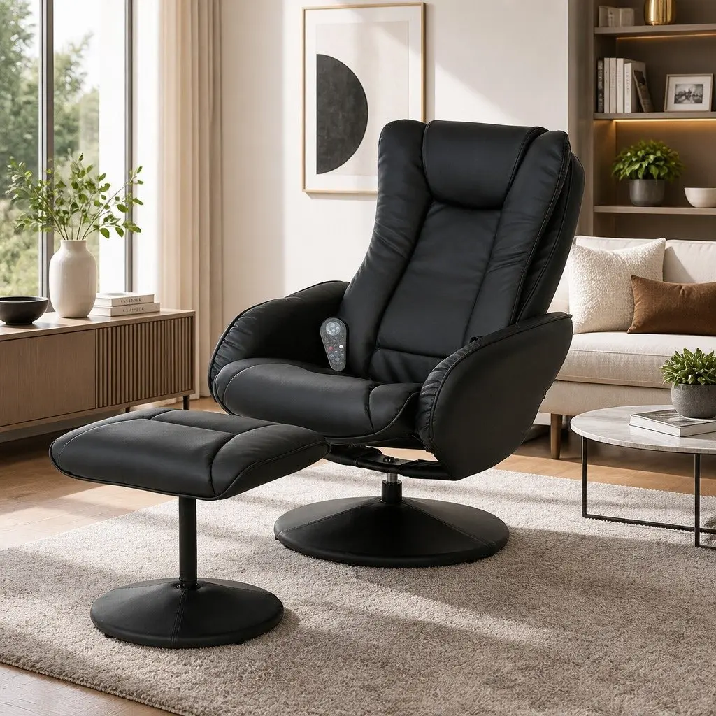 Recliner Chair Ottoman Heated Massage Black Manual Recline Footrest Lounge Seat