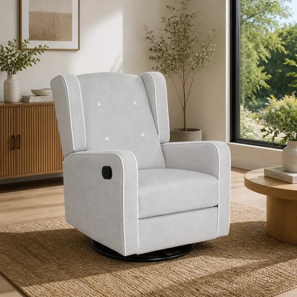 Recliner Armchair Living Room Grey Fabric 360 Swivel Remote Control Footrest