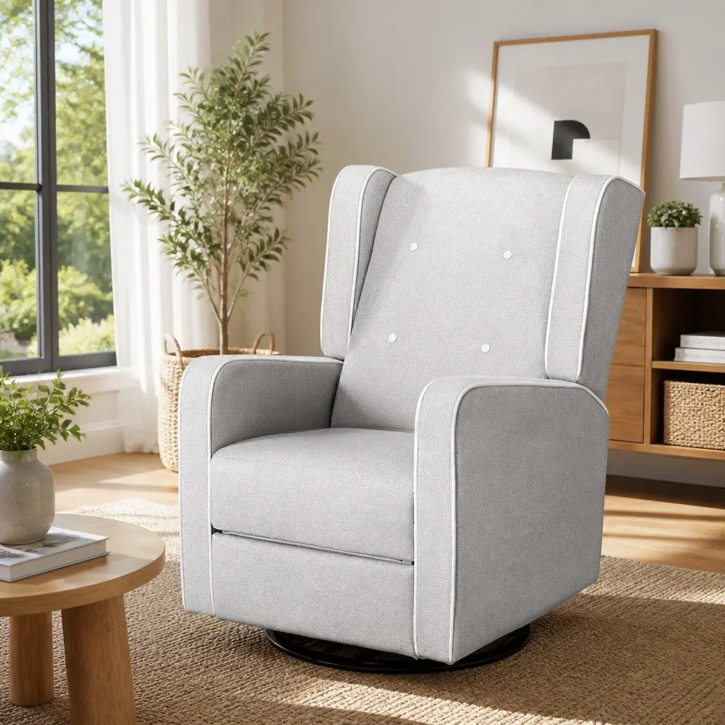 Recliner Armchair Living Room Grey Fabric 360 Swivel Remote Control Footrest