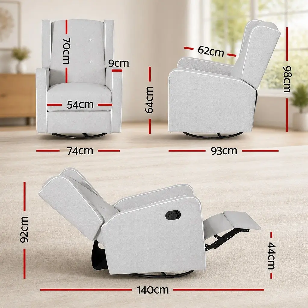 Recliner Armchair Living Room Grey Fabric 360 Swivel Remote Control Footrest