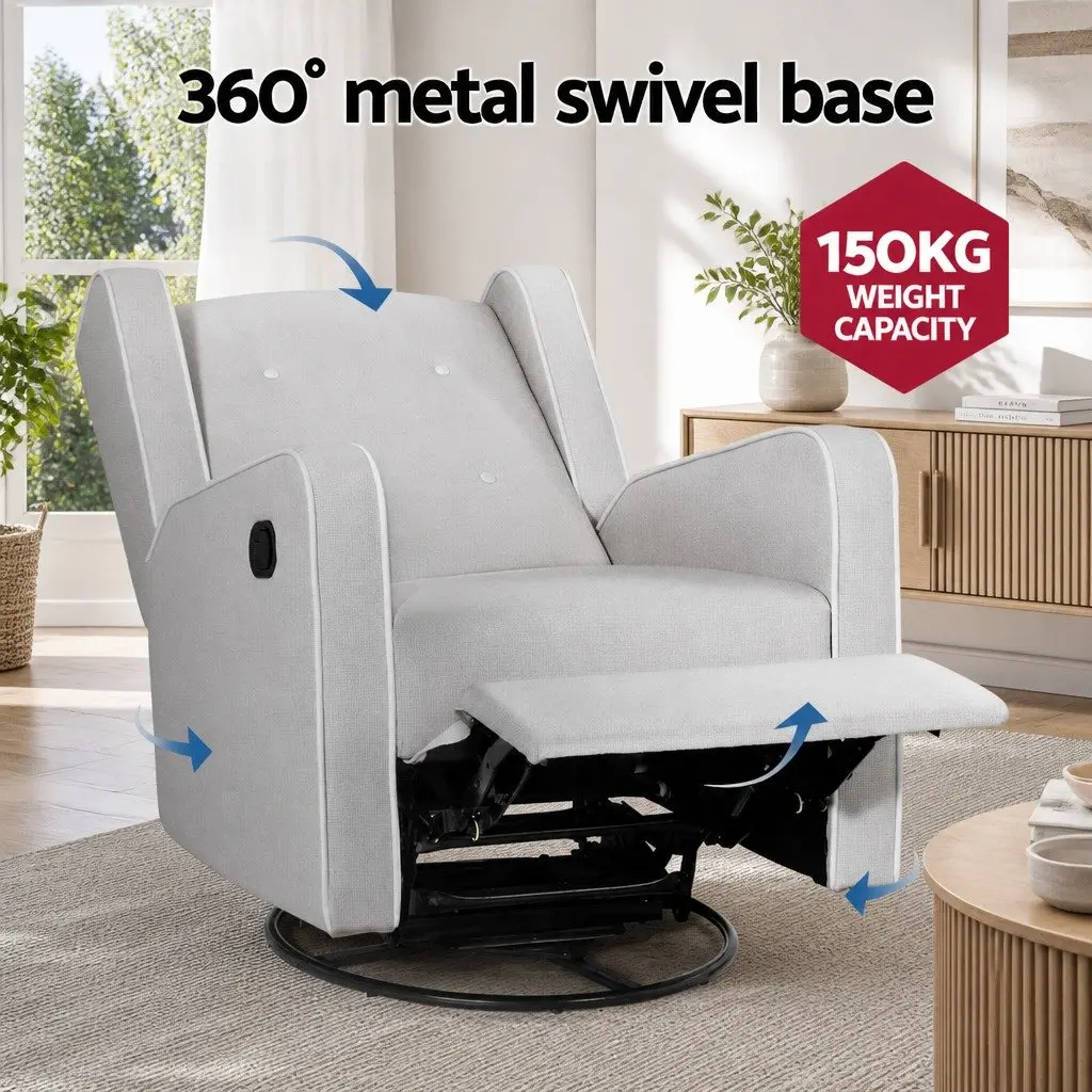 Recliner Armchair Living Room Grey Fabric 360 Swivel Remote Control Footrest