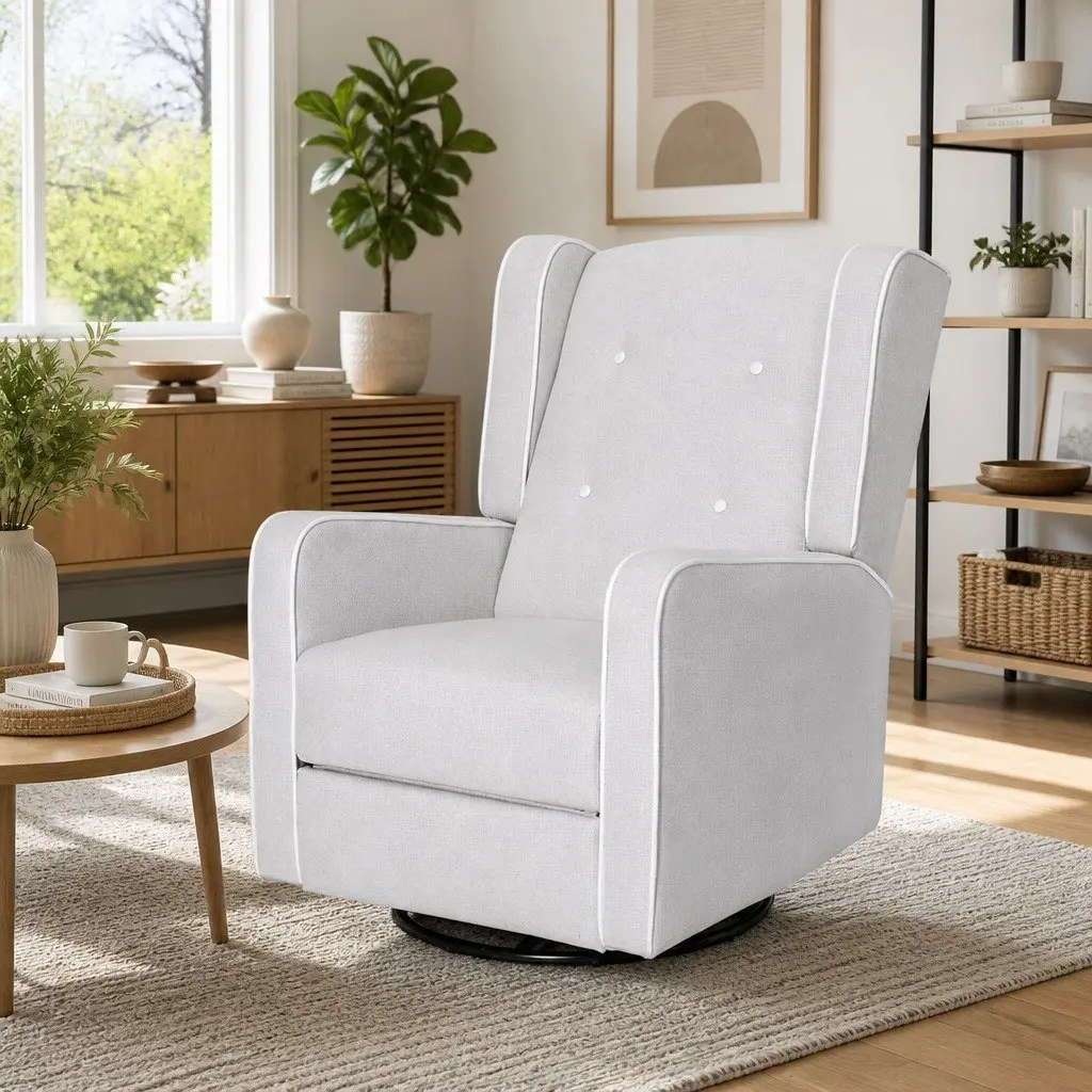 Recliner Armchair Living Room Grey Fabric 360 Swivel Remote Control Footrest