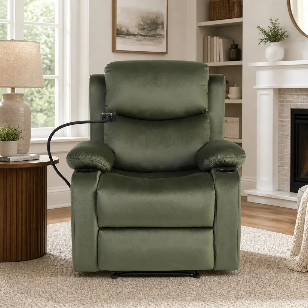 Recliner Chair Heated Massage Velvet Armchair for Lounging Reading Watching TV Green