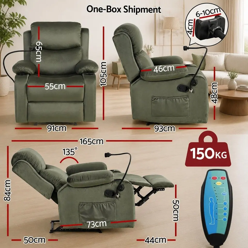 Recliner Chair Heated Massage Velvet Armchair for Lounging Reading Watching TV Green