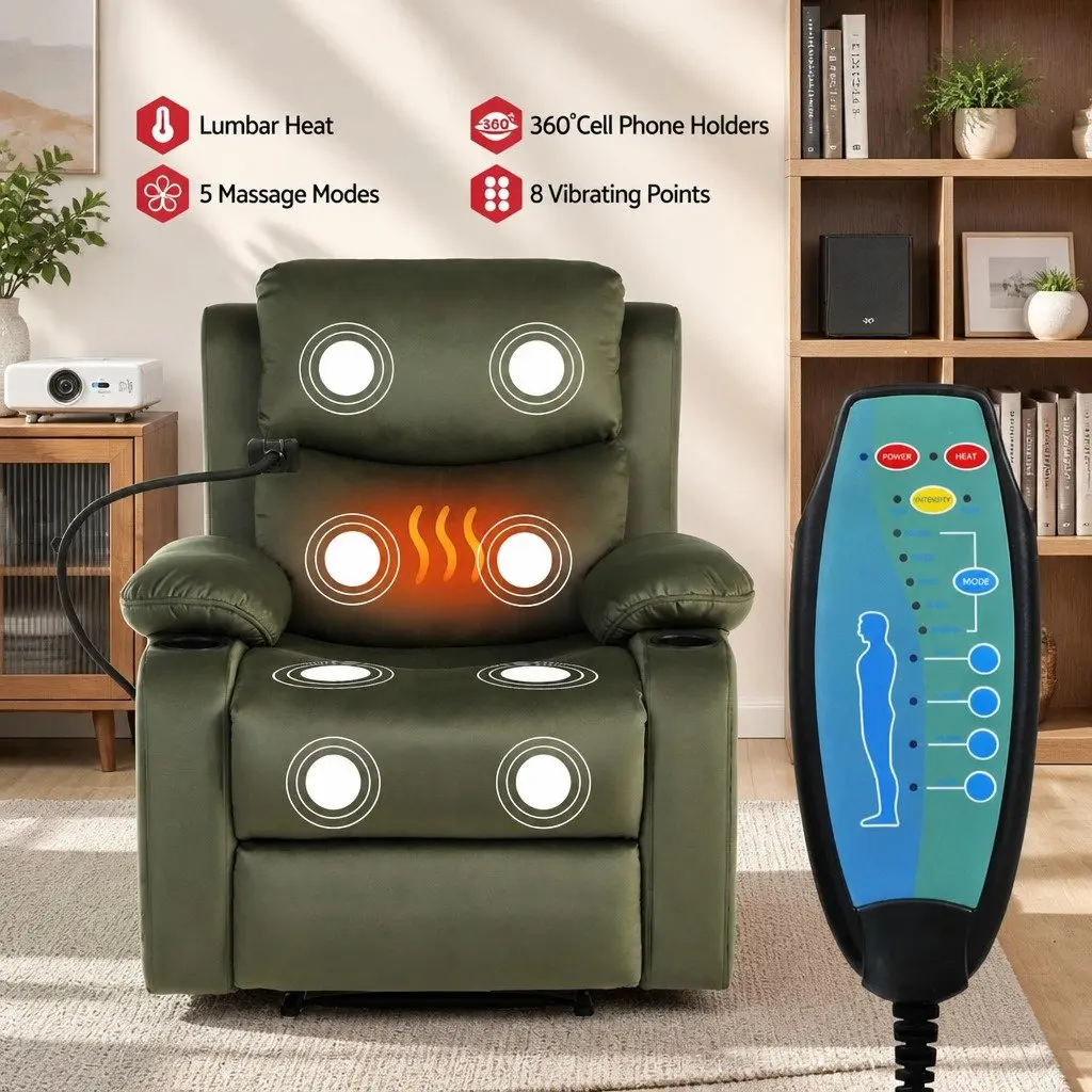 Recliner Chair Heated Massage Velvet Armchair for Lounging Reading Watching TV Green