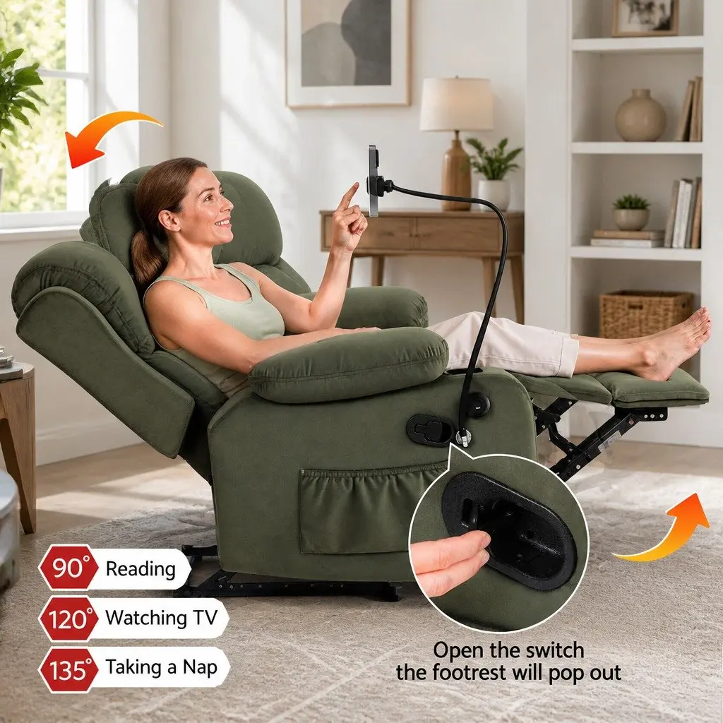 Recliner Chair Heated Massage Velvet Armchair for Lounging Reading Watching TV Green