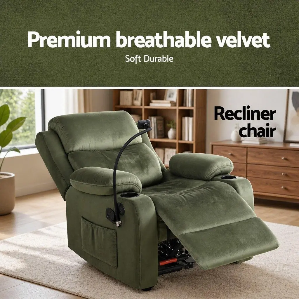 Recliner Chair Heated Massage Velvet Armchair for Lounging Reading Watching TV Green