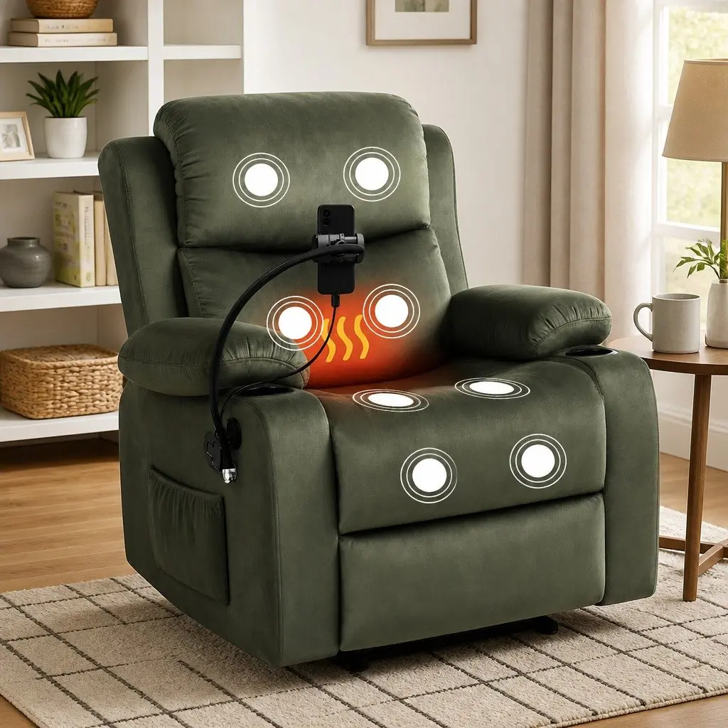Recliner Chair Heated Massage Velvet Armchair for Lounging Reading Watching TV Green