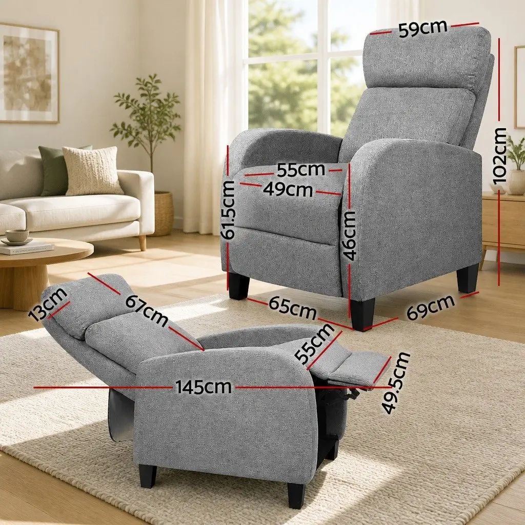 Reclining Armchair Grey Fabric Adjustable Lounge Chair 102 x 69 x 65cm
