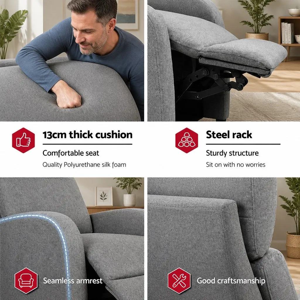 Reclining Armchair Grey Fabric Adjustable Lounge Chair 102 x 69 x 65cm