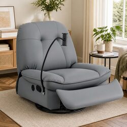 Manual Swivel Rocker Recliner Chair Grey PU Leather USB Ports Nursery Lounge