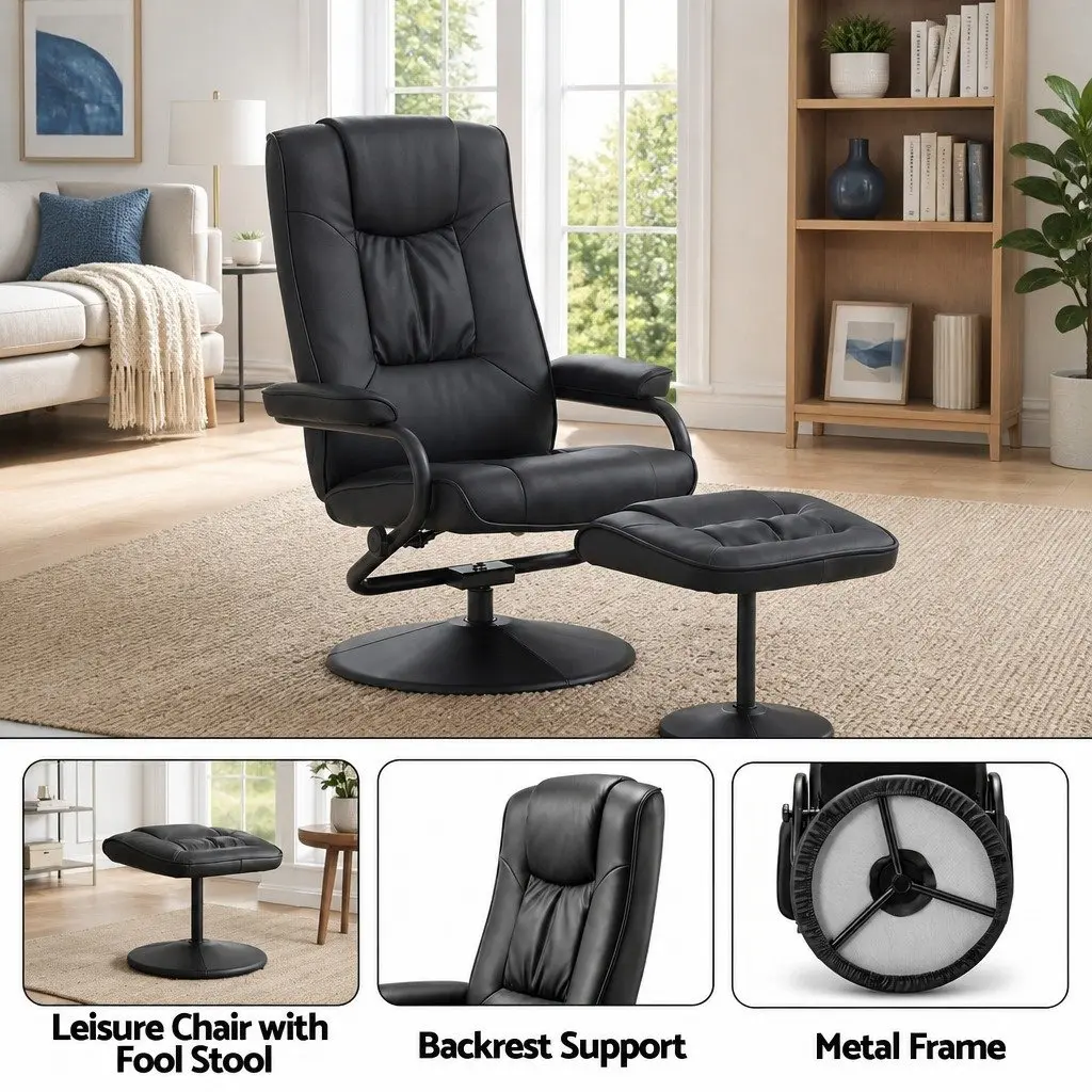 Recliner Chair with Ottoman for Living Room Black PU Leather 360-Degree Swivel