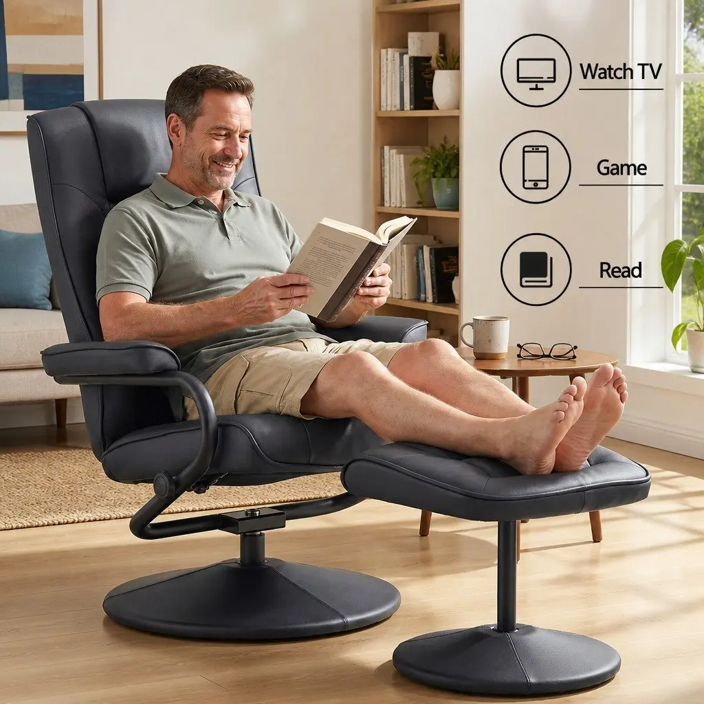 Recliner Chair with Ottoman for Living Room Black PU Leather 360-Degree Swivel