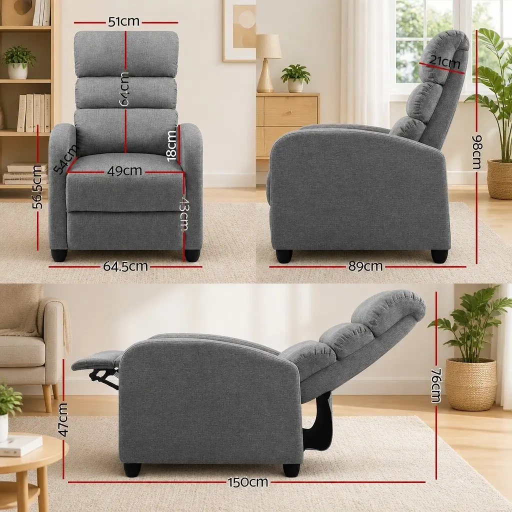 Recliner Armchair Grey Fabric Adjustable Backrest Footrest Lounge Chair