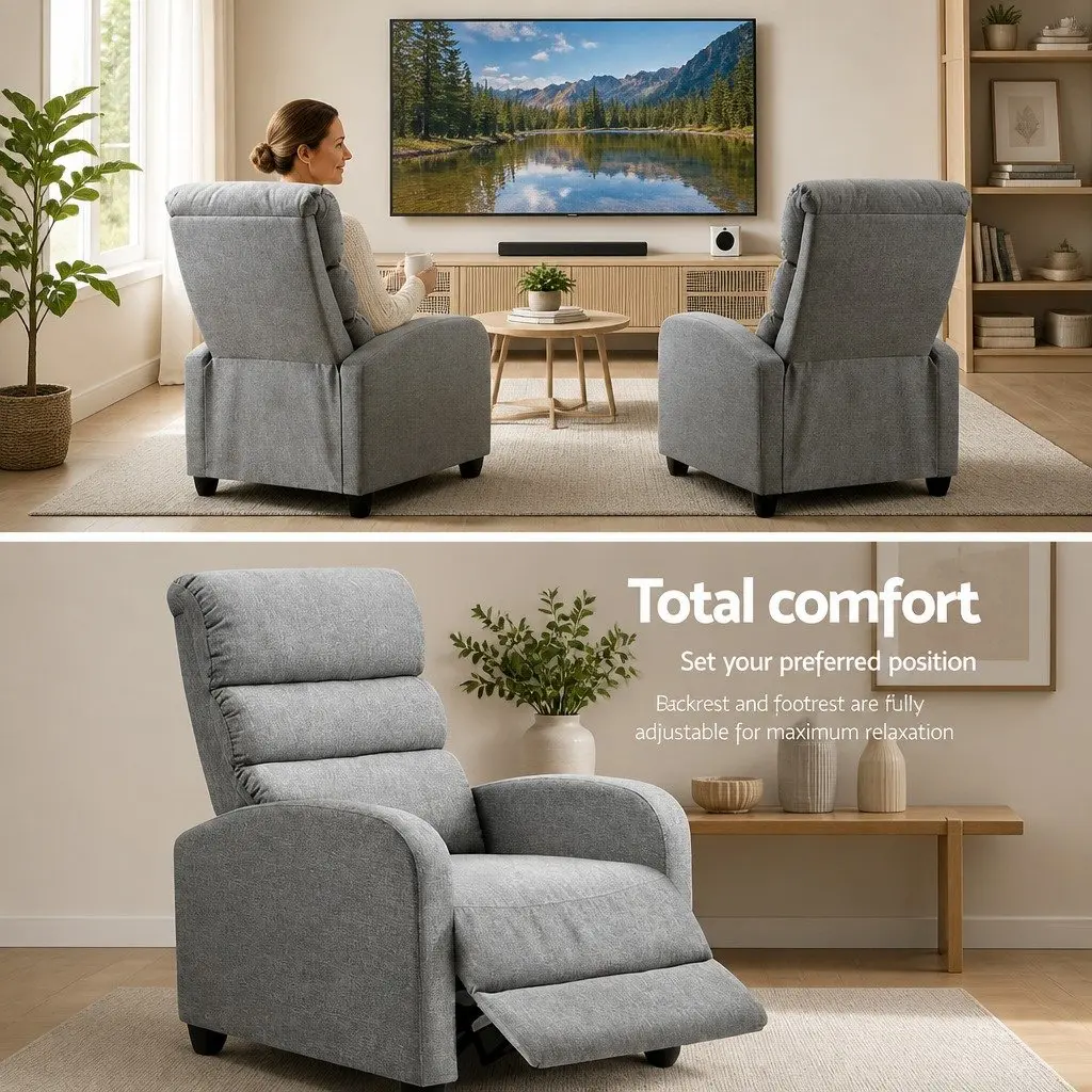 Recliner Armchair Grey Fabric Adjustable Backrest Footrest Lounge Chair