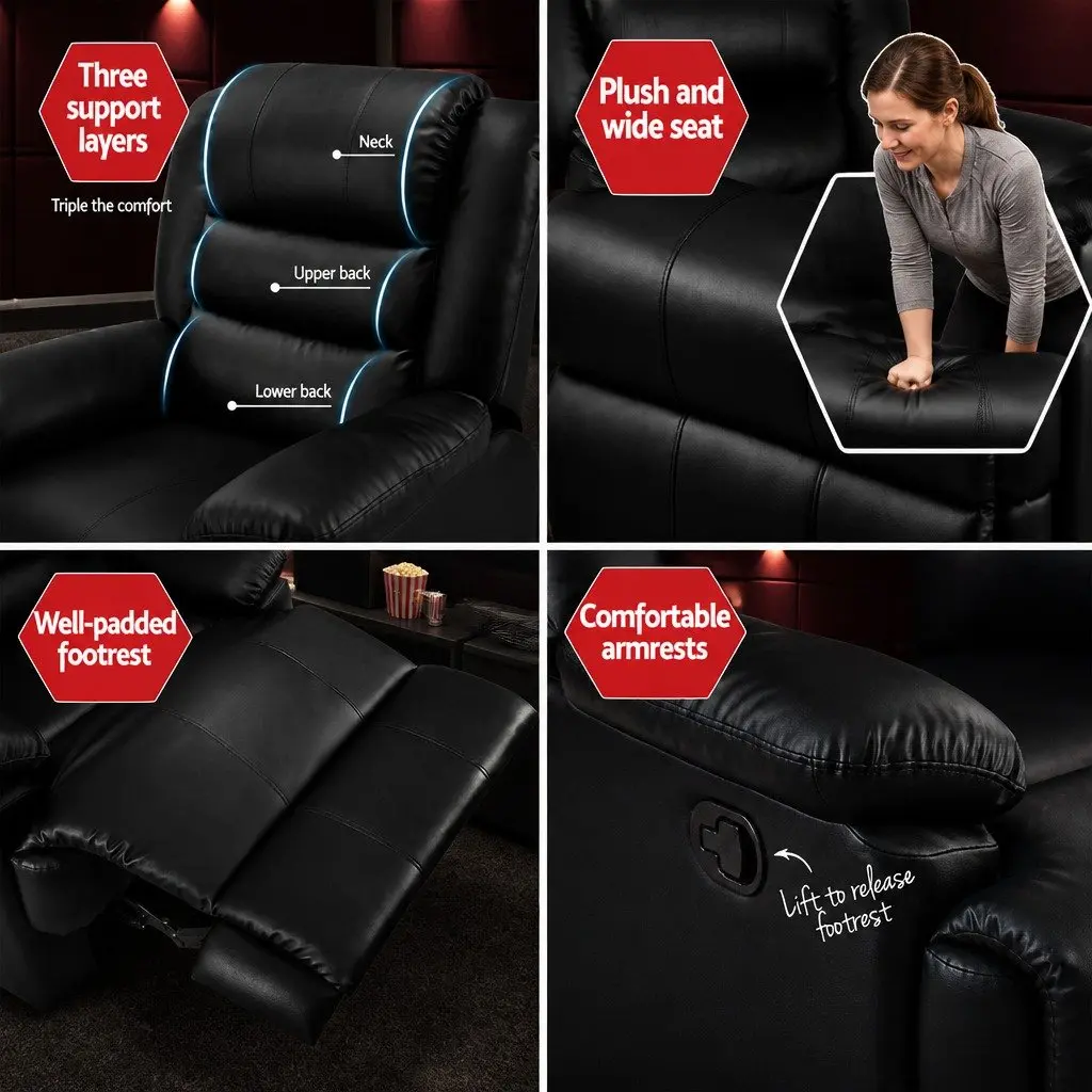 Recliner Chair for Living Room Black PU Leather Adjustable Backrest Footrest
