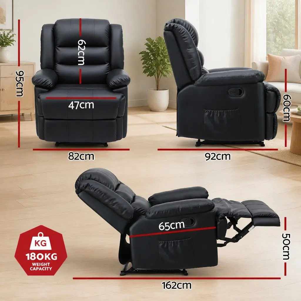 Manual Recliner Chair for Living Room with Footrest and 16 Colour LED Lights Black PU Leather