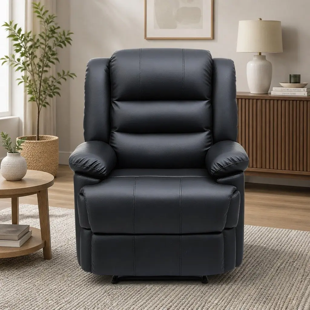 Manual Recliner Chair for Living Room with Footrest and 16 Colour LED Lights Black PU Leather