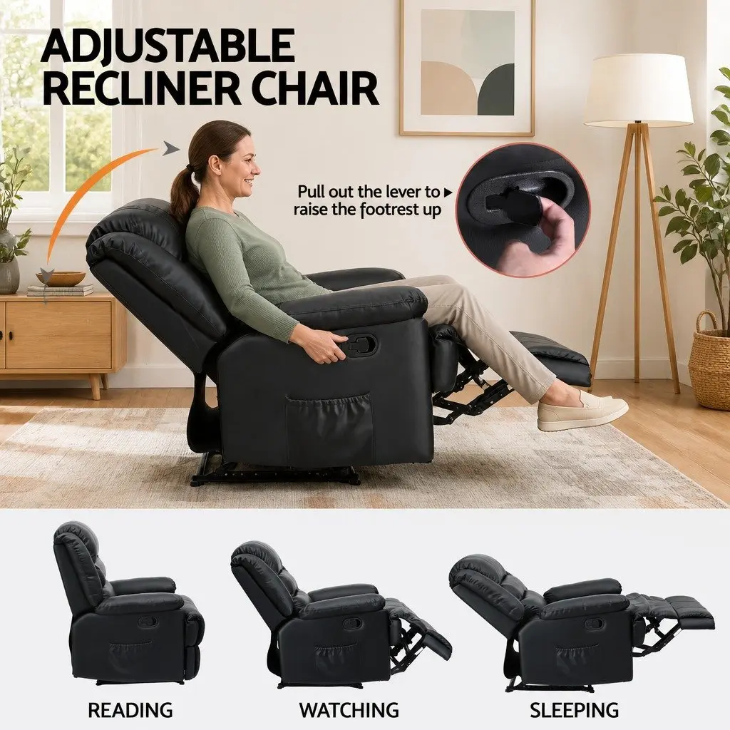 Manual Recliner Chair for Living Room with Footrest and 16 Colour LED Lights Black PU Leather
