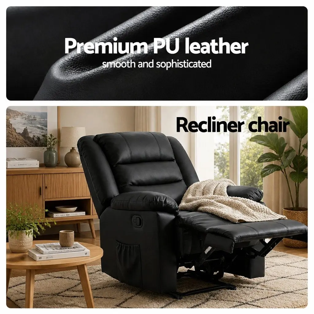 Manual Recliner Chair for Living Room with Footrest and 16 Colour LED Lights Black PU Leather