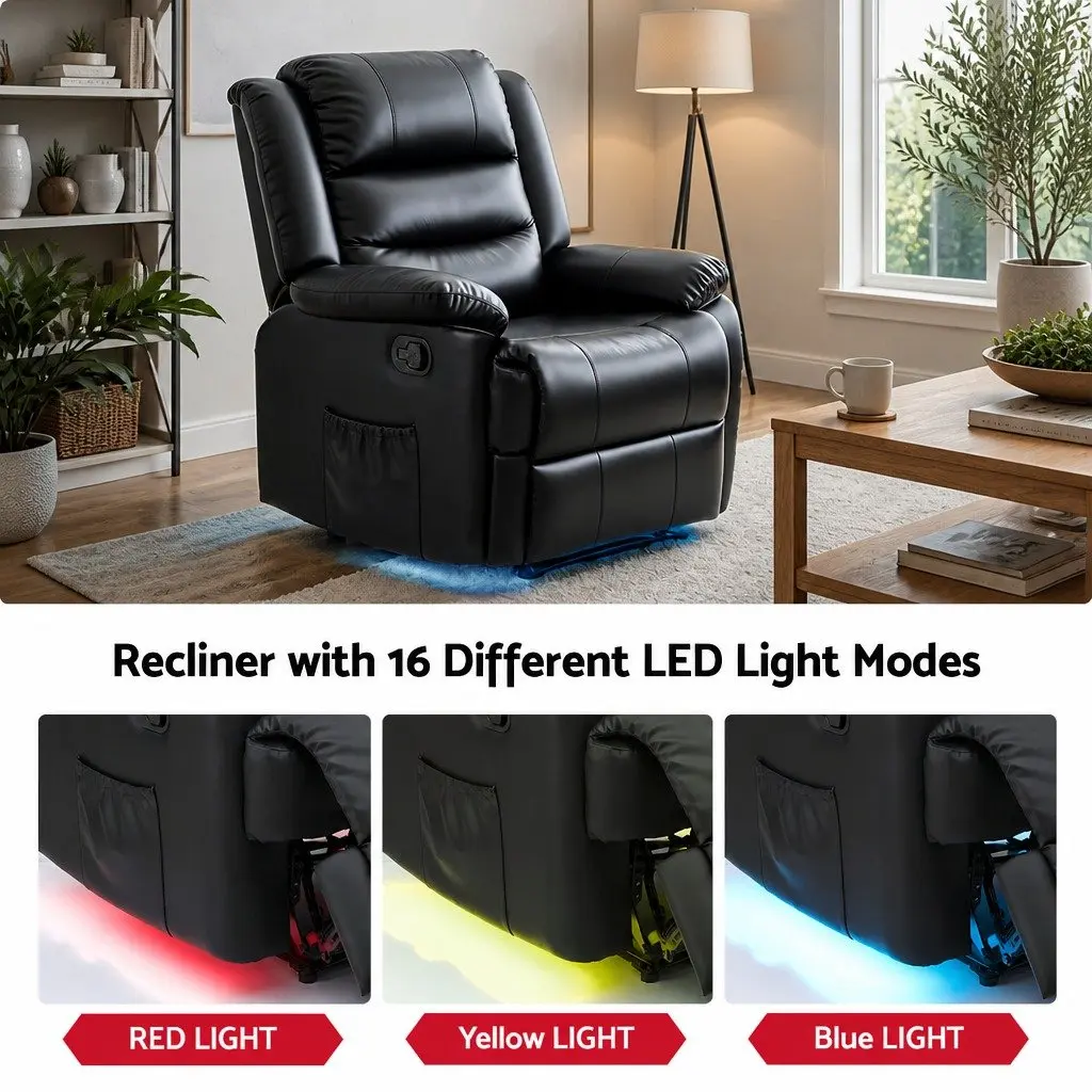 Manual Recliner Chair for Living Room with Footrest and 16 Colour LED Lights Black PU Leather