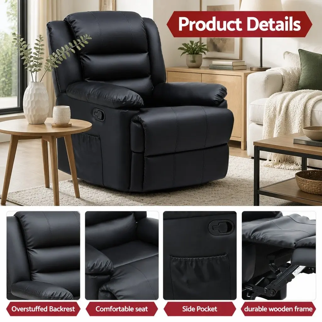 Manual Recliner Chair for Living Room with Footrest and 16 Colour LED Lights Black PU Leather