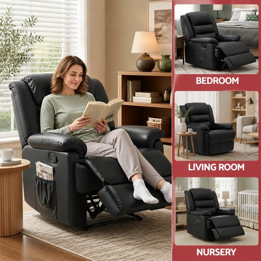 Manual Recliner Chair for Living Room with Footrest and 16 Colour LED Lights Black PU Leather