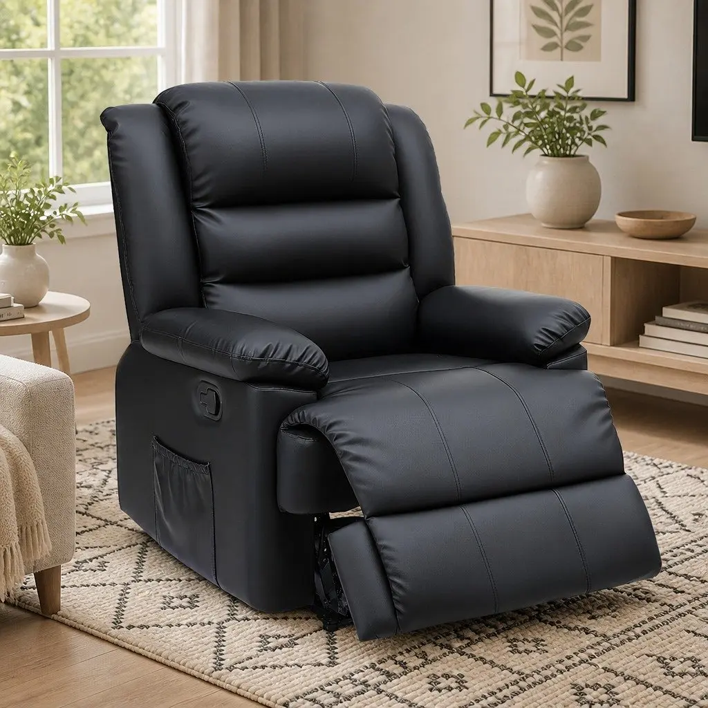 Manual Recliner Chair for Living Room with Footrest and 16 Colour LED Lights Black PU Leather